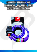 Cargar imagen en el visor de la galería, CANDADO DE SEGURIDAD - CON COMBINACION  - TIPO ESPIRAL 1 MTS INCLUYE BASE PARA SUJETAR
