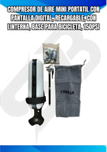 Cargar imagen en el visor de la galería, COMPRESOR DE AIRE MINI PORTATIL CON PANTALLA DIGITAL, RECARGABLE, CON LINTERNA, BASE PARA BICICLETA, 150PSI
