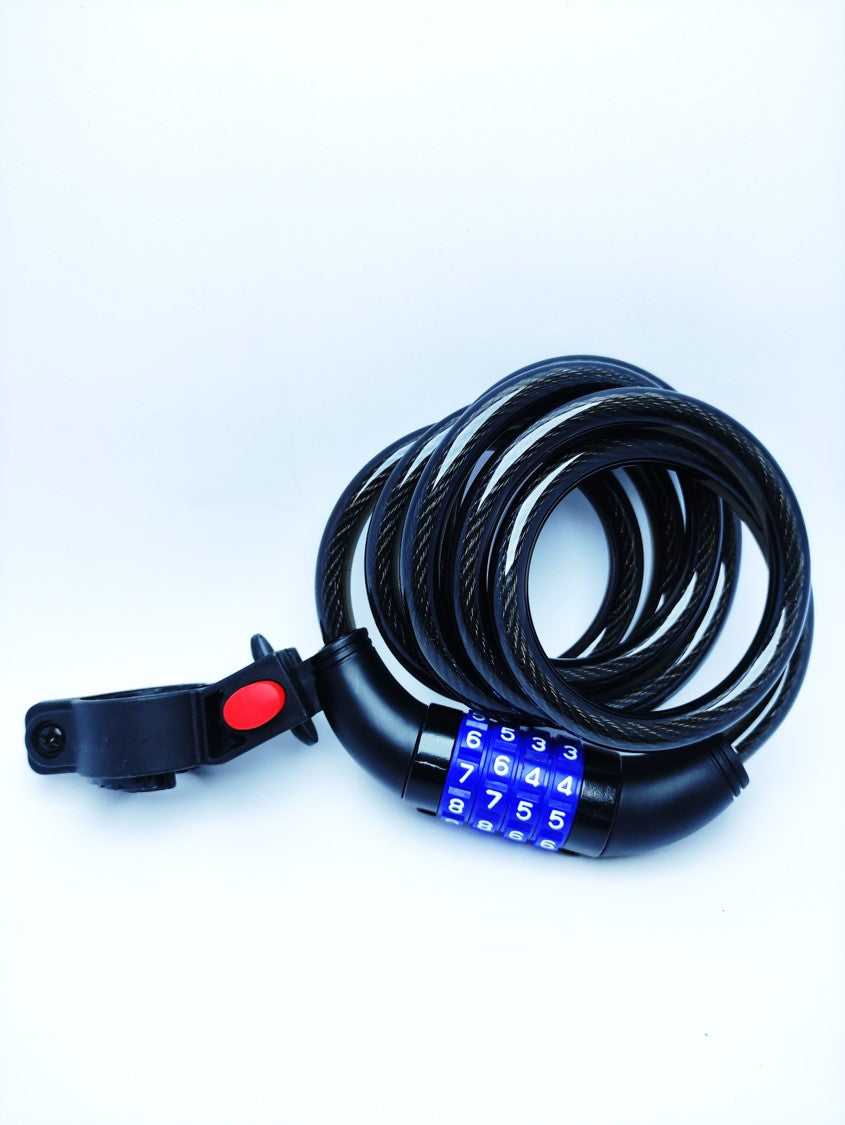 CANDADO DE SEGURIDAD - NEGRO CON COMBINACION - TIPO ESPIRAL 1,5 MTS INCLUYE BASE PARA SUJETAR